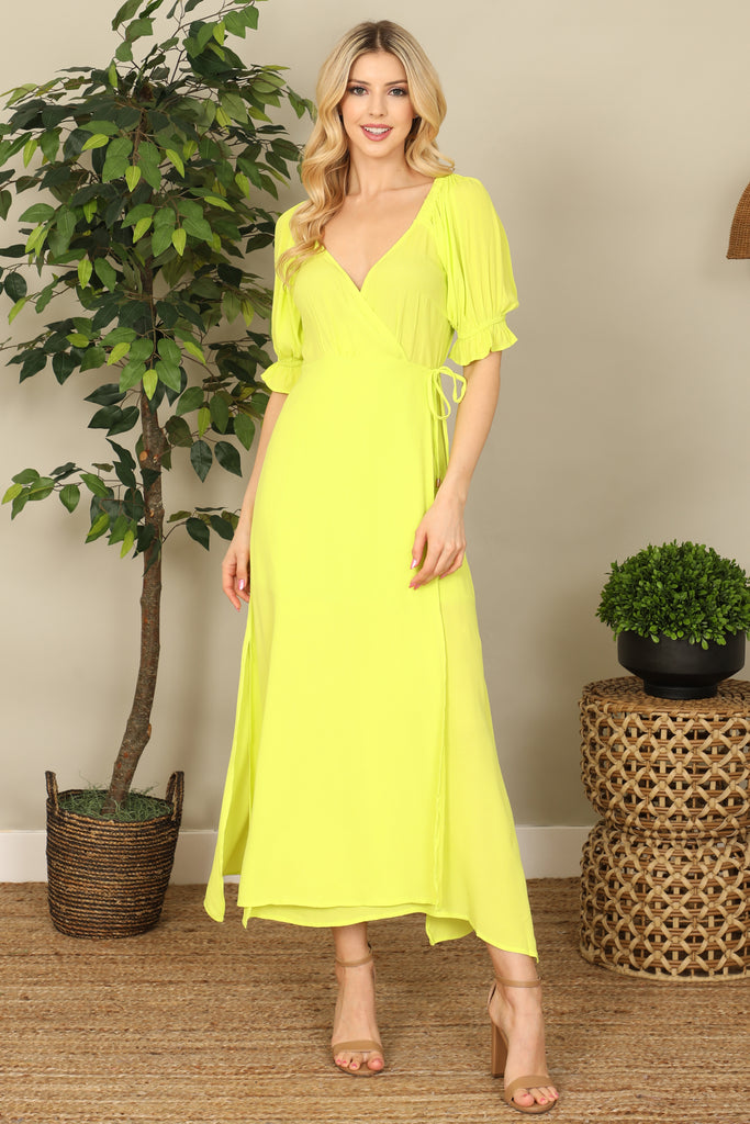 Wrap Puff Sleeve Side Slit Solid Midi Dress