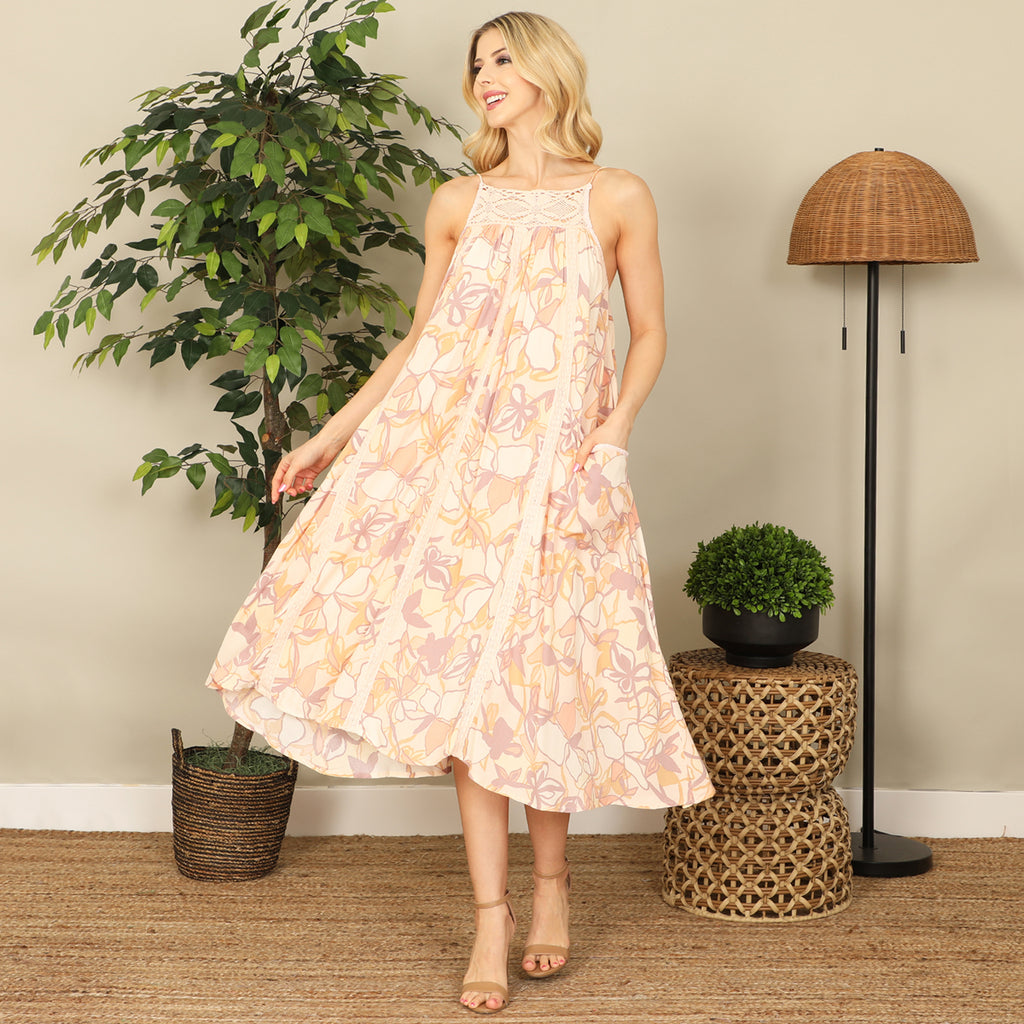 Floral Lace Halter Side Pocket Mini Dress