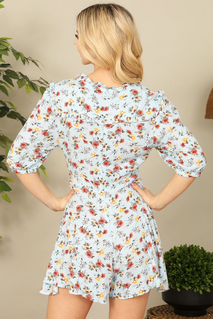 Half Puff Sleeve V-Neck-Tie Detail Romper