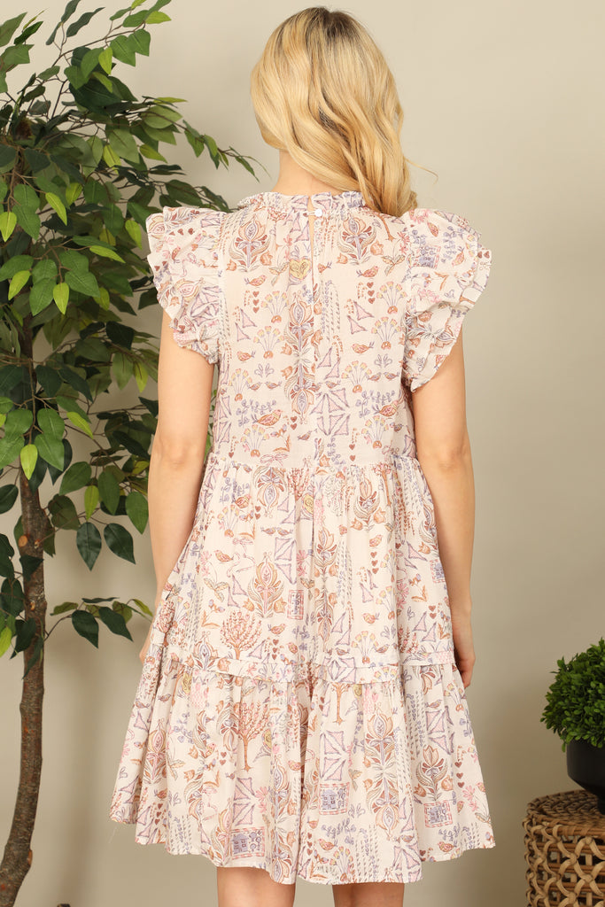 Pattern Ruffle Cap Sleeve Tiered Mini Dress