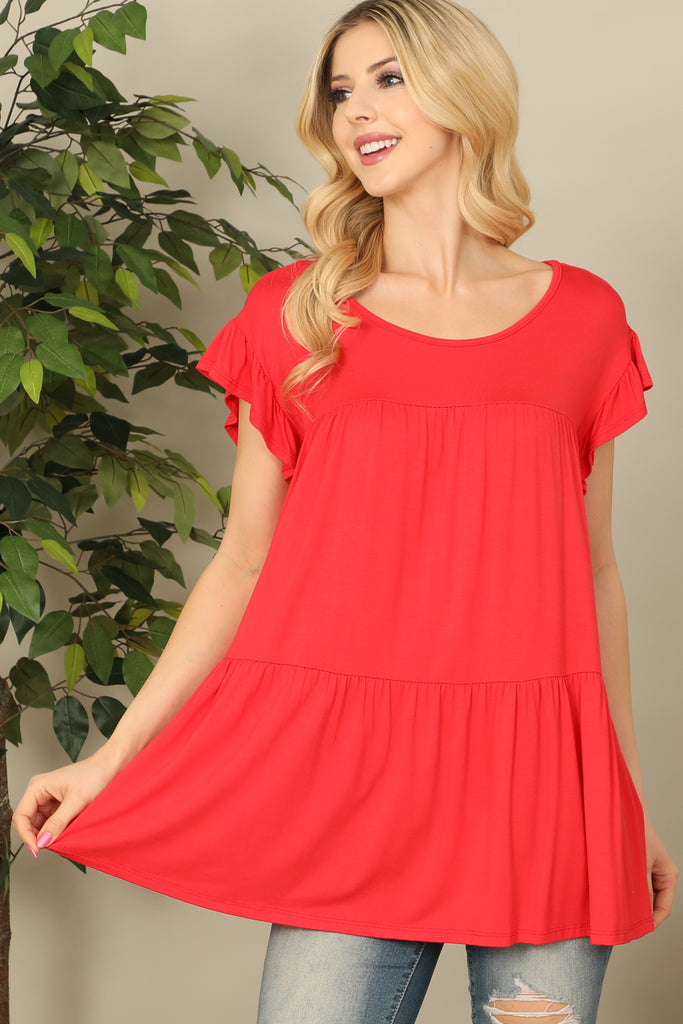 Ruffle Short Sleeve Boat Neck Tiered Solid Top
