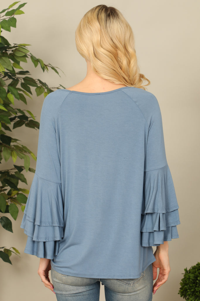 Layered Ruffle Bell Sleeve Knot Hem Solid Top