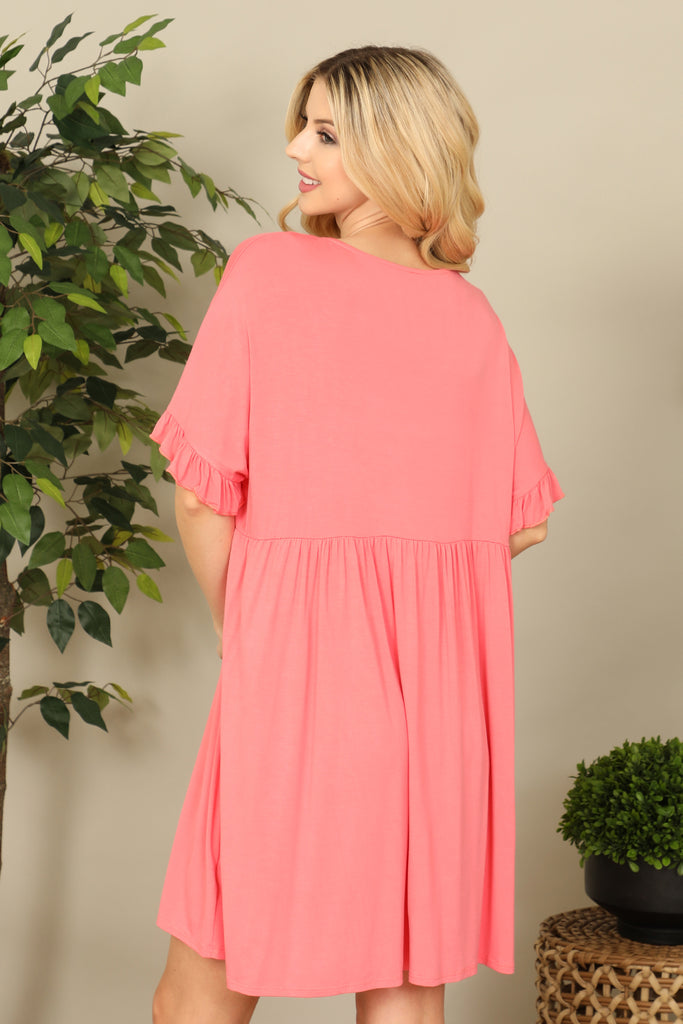 V-Neck Ruffle Sleeve Solid Dress