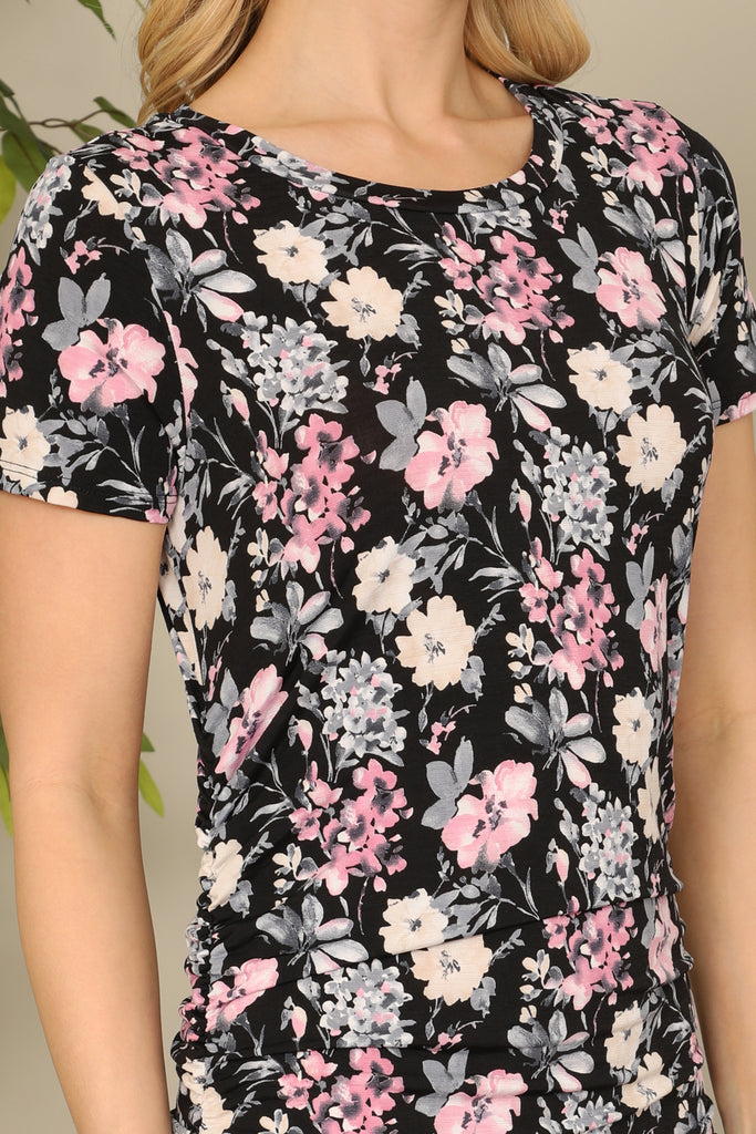 Floral Side Ruched Tie Midi Dress