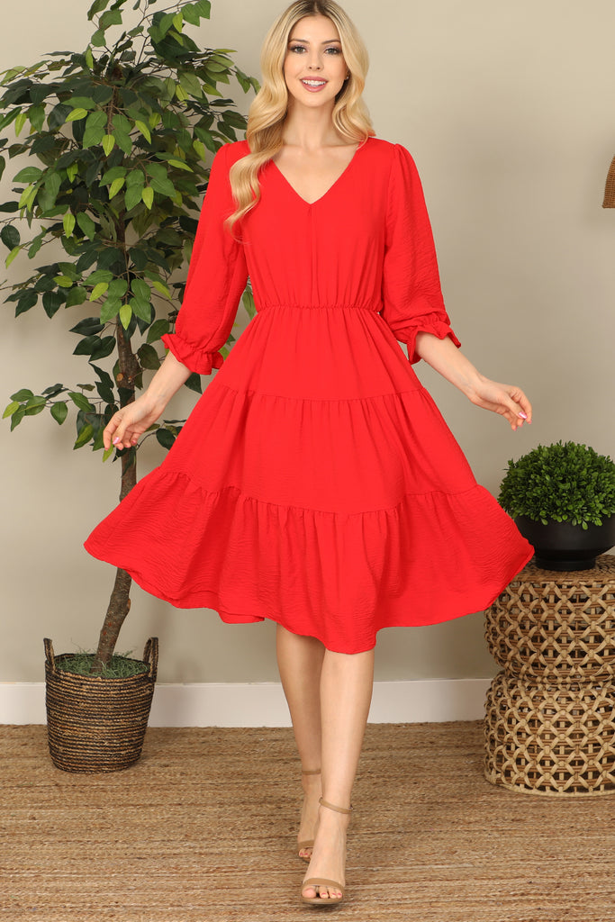 V-Neck Half Puff Sleeve Tiered Solid Midi Dress