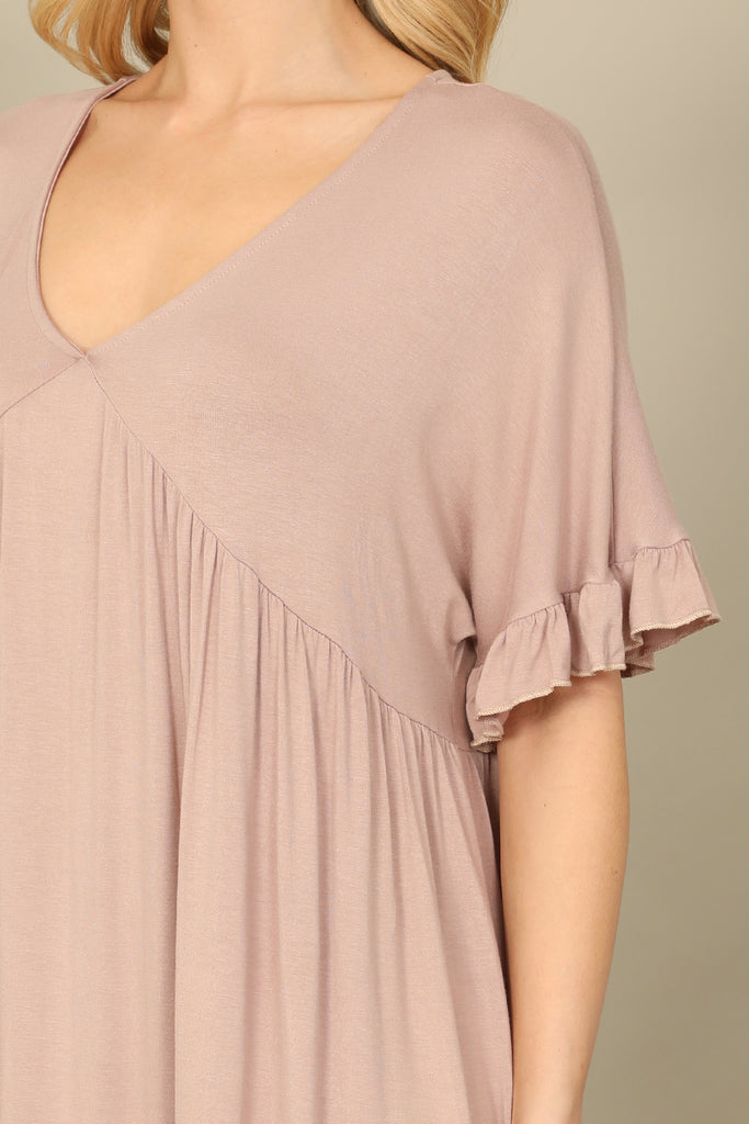 V-Neck Ruffle Sleeve Solid Dress