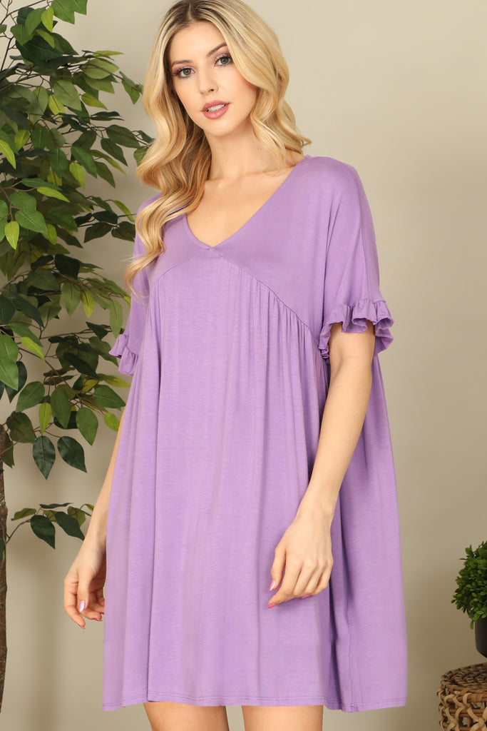 V-Neck Ruffle Sleeve Solid Dress