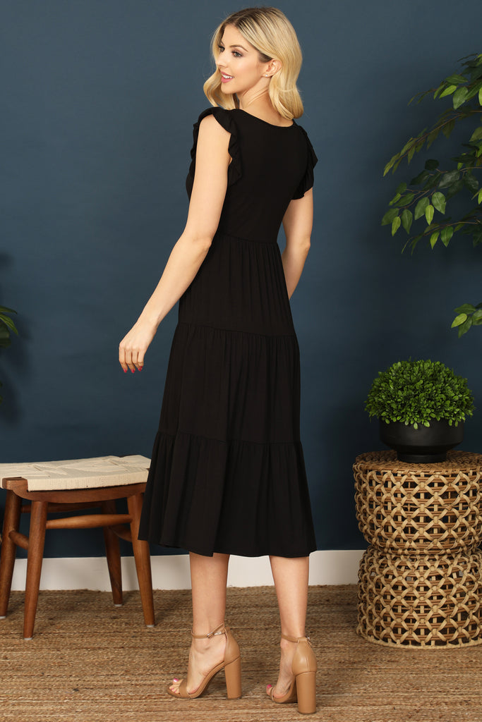 Ruffle Sleeveless Tiered Solid Midi Dress