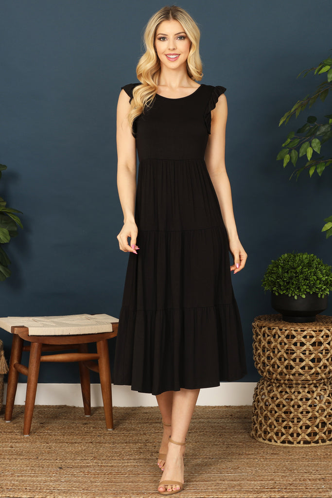 Ruffle Sleeveless Tiered Solid Midi Dress