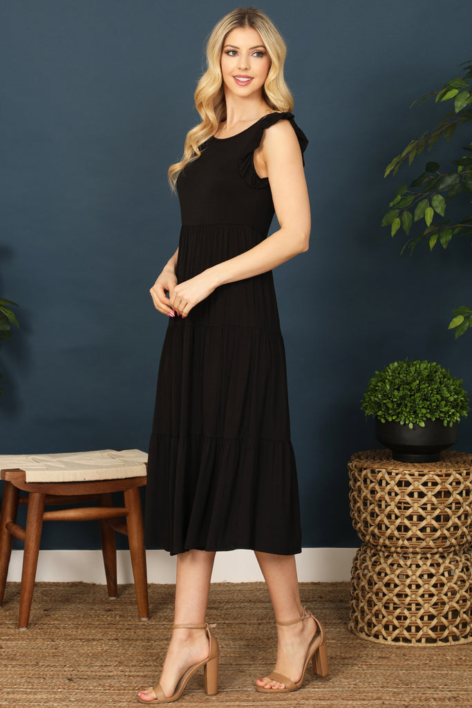 Ruffle Sleeveless Tiered Solid Midi Dress