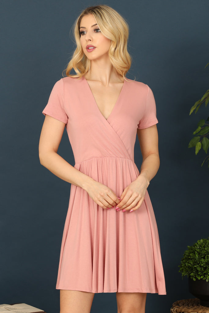 Short Sleeve Wrap Solid Dress