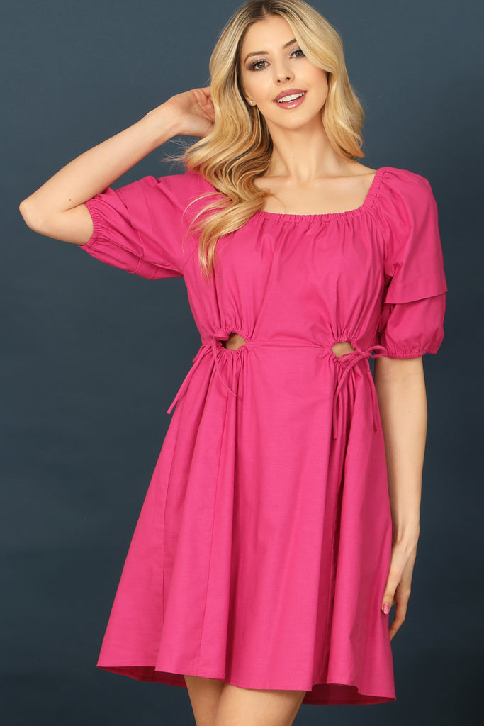 Ruched Hole Detail Waist Puff Sleeve Mini Dress