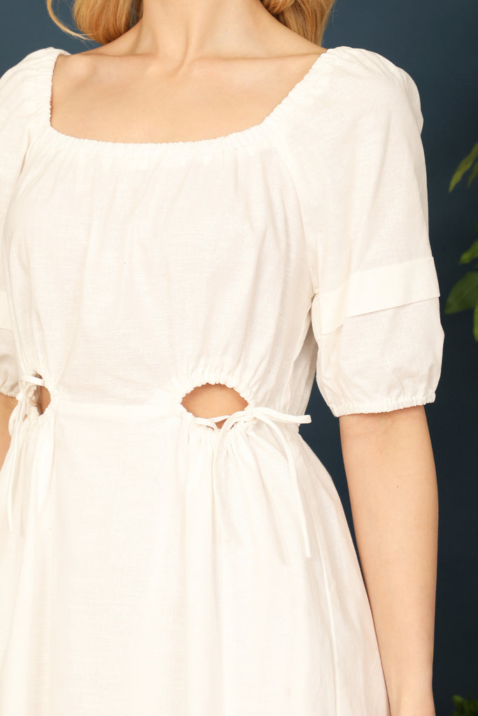 Ruched Hole Detail Waist Puff Sleeve Mini Dress