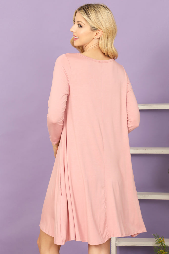 Solid Boat Neck Quarter Sleeve Side Pocket Dress