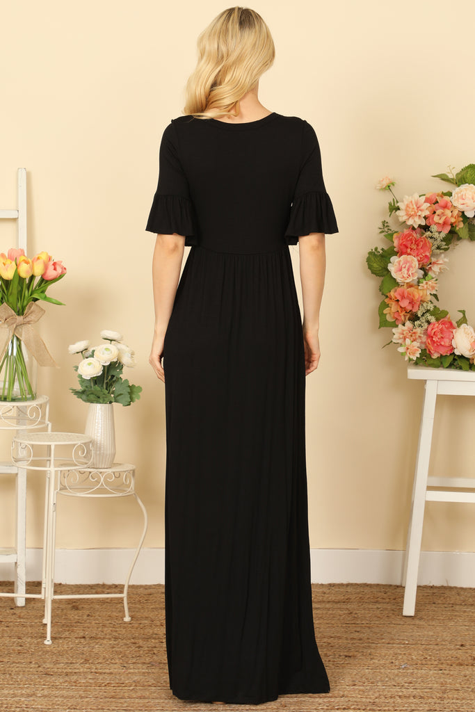 FLOUNCE SLEEVE V-NECK BUTTON DETAIL SIDE POCKET SOLID MAXI DRESS