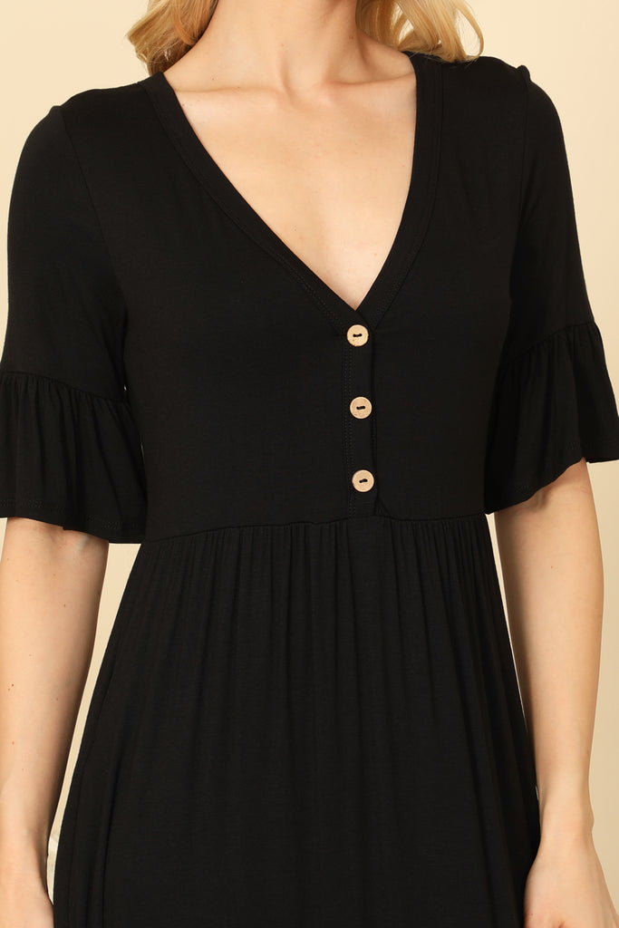 FLOUNCE SLEEVE V-NECK BUTTON DETAIL SIDE POCKET SOLID MAXI DRESS