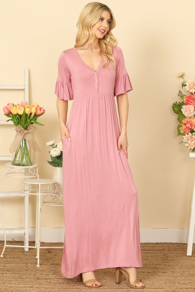 FLOUNCE SLEEVE V-NECK BUTTON DETAIL SIDE POCKET SOLID MAXI DRESS