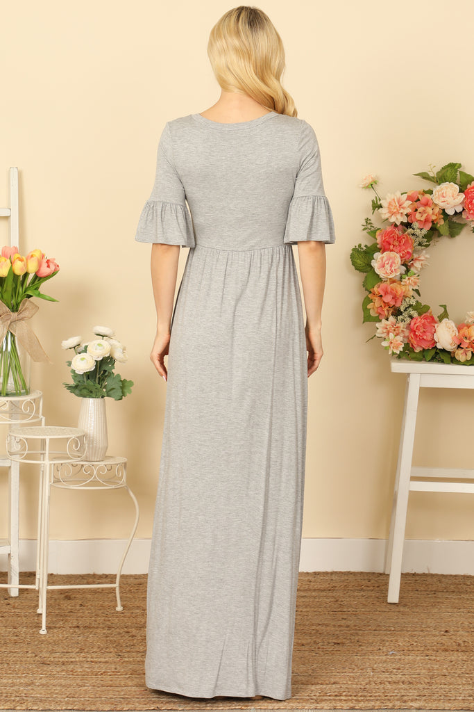 FLOUNCE SLEEVE V-NECK BUTTON DETAIL SIDE POCKET SOLID MAXI DRESS