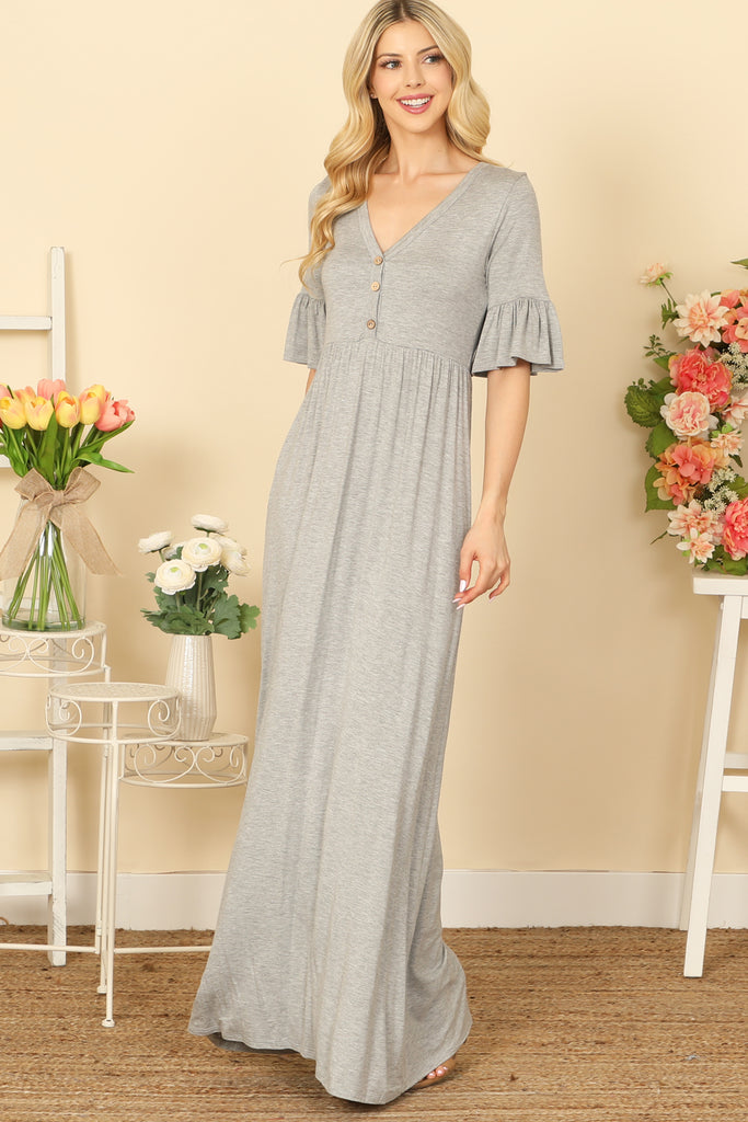 FLOUNCE SLEEVE V-NECK BUTTON DETAIL SIDE POCKET SOLID MAXI DRESS