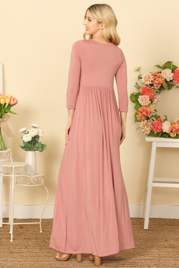 QUARTER SLEEVE PLEATED WAIST SOLID MAXI DRESS