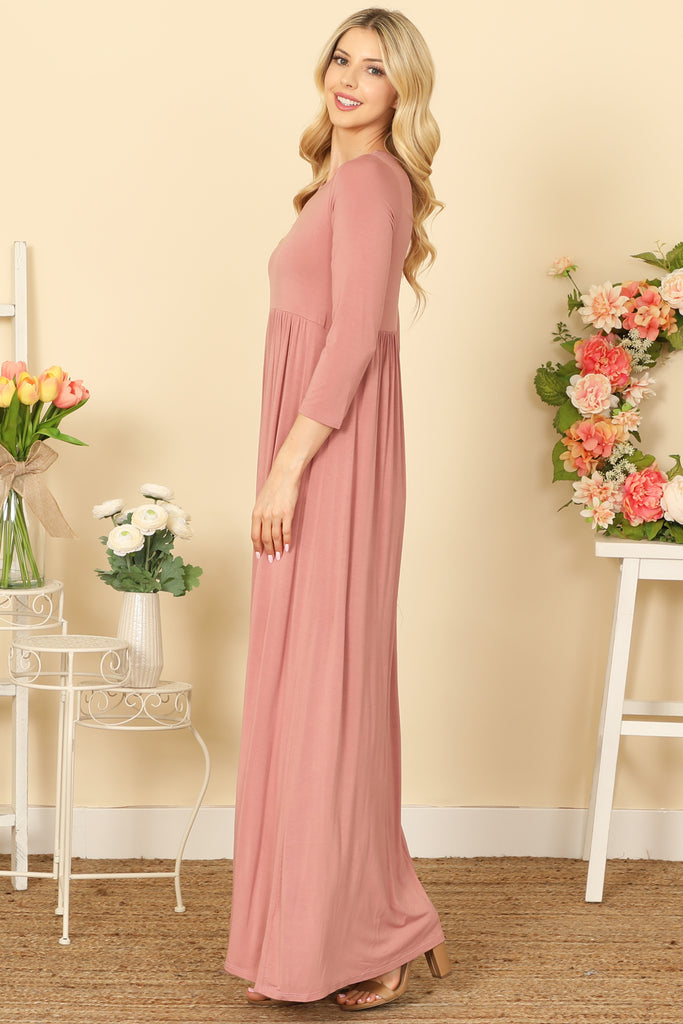 QUARTER SLEEVE PLEATED WAIST SOLID MAXI DRESS