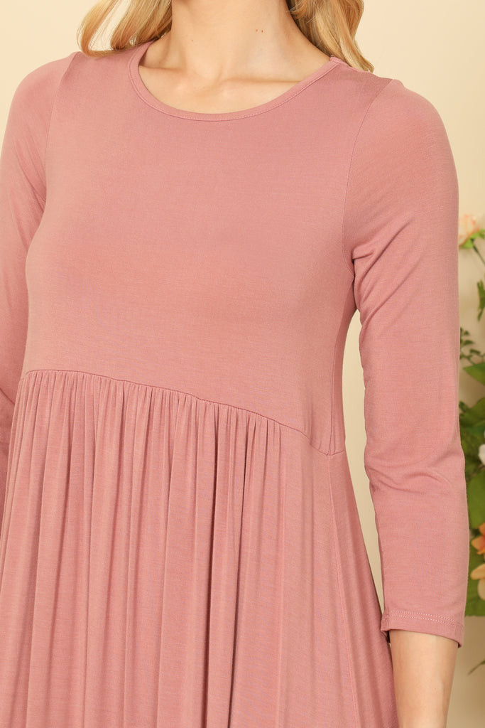 QUARTER SLEEVE PLEATED WAIST SOLID MAXI DRESS