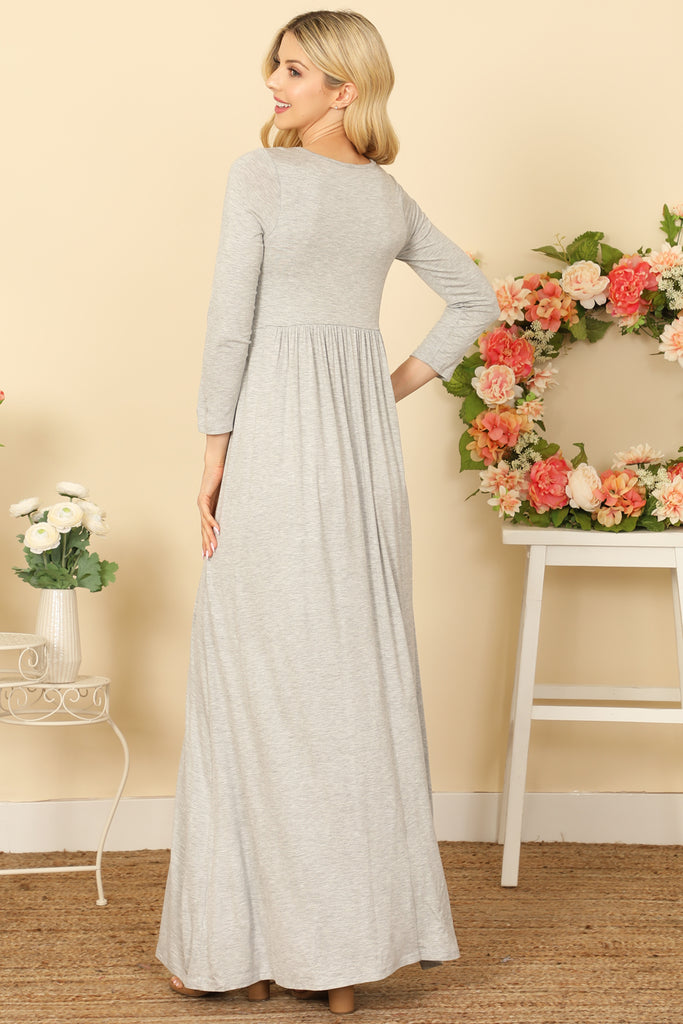QUARTER SLEEVE PLEATED WAIST SOLID MAXI DRESS