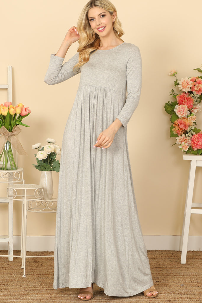 QUARTER SLEEVE PLEATED WAIST SOLID MAXI DRESS