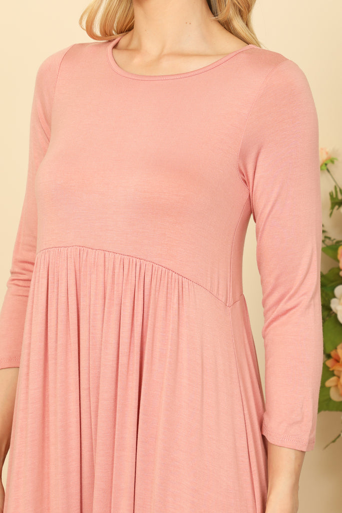 QUARTER SLEEVE PLEATED WAIST SOLID MAXI DRESS