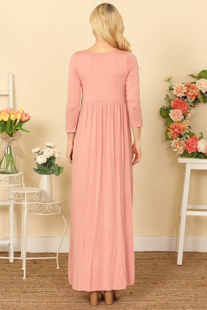 QUARTER SLEEVE PLEATED WAIST SOLID MAXI DRESS