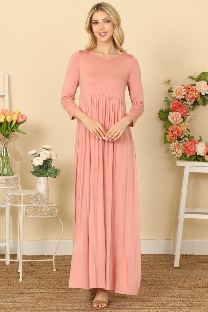 QUARTER SLEEVE PLEATED WAIST SOLID MAXI DRESS