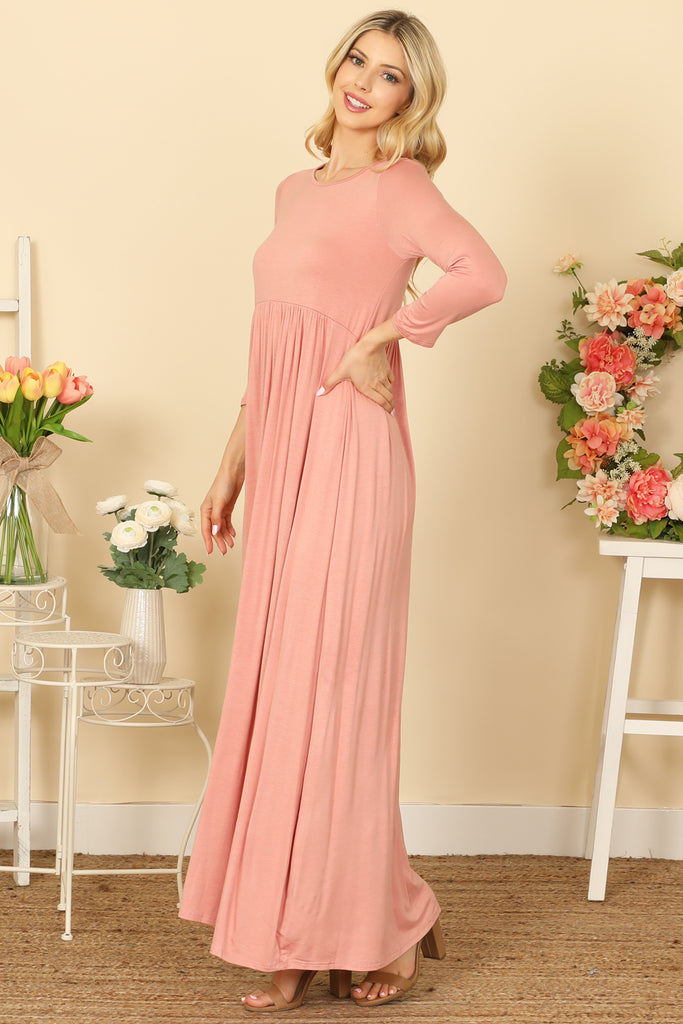 QUARTER SLEEVE PLEATED WAIST SOLID MAXI DRESS