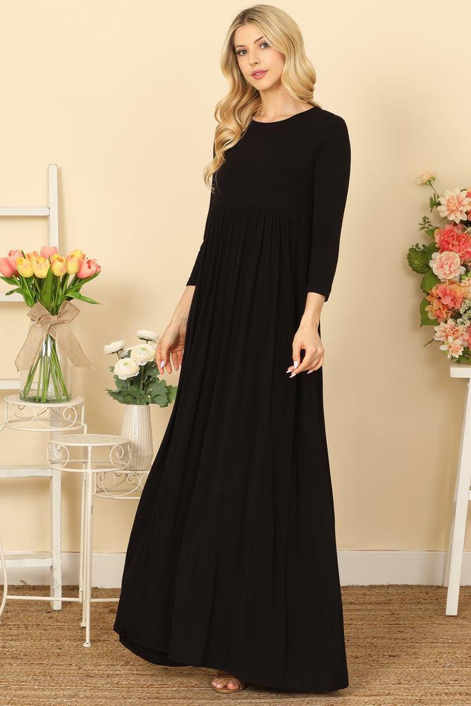 QUARTER SLEEVE PLEATED WAIST SOLID MAXI DRESS