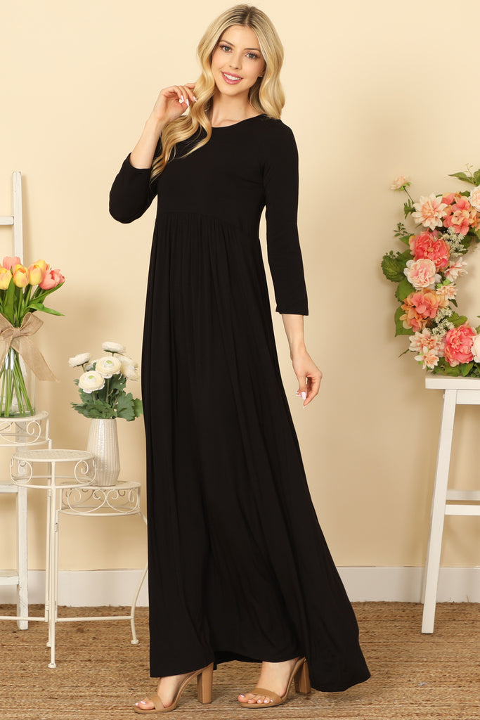QUARTER SLEEVE PLEATED WAIST SOLID MAXI DRESS