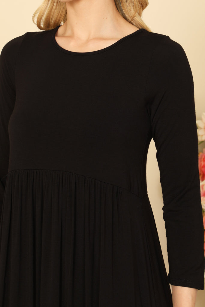 QUARTER SLEEVE PLEATED WAIST SOLID MAXI DRESS