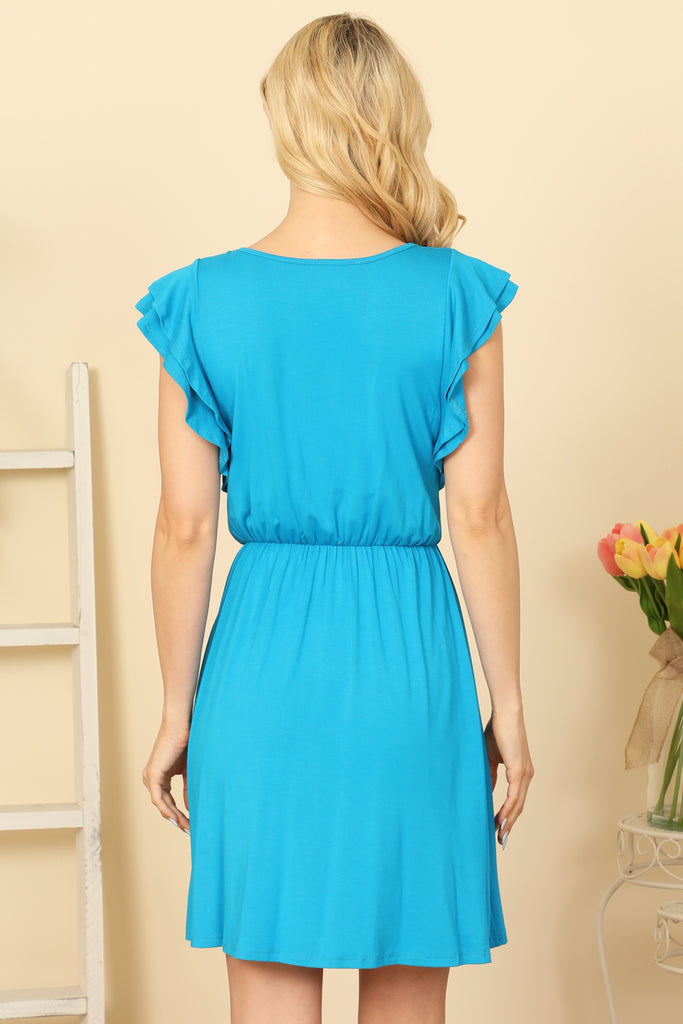 Ruffle Sleeve Cinch Waist Solid Dress