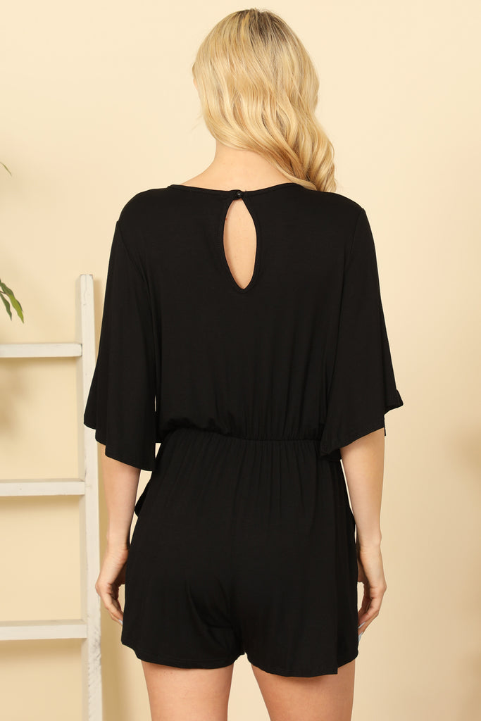 V-NECK HALF SLEEVE WAIST TIE SOLID ROMPER