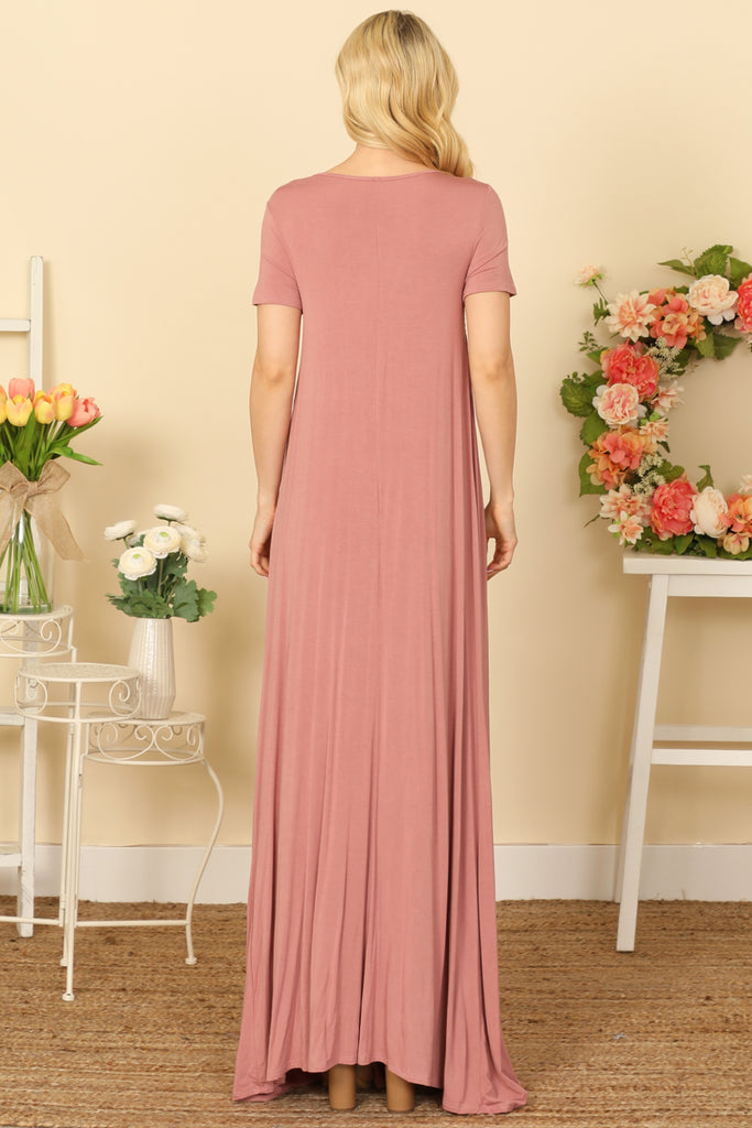 SHORT SLEEVE ROUND NECK PLEATED WAIST SOLID MAXI DRESS
