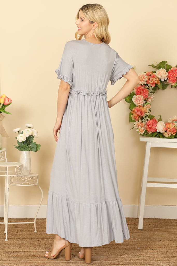 V-NECK HALF SLEEVE RUFFLE DETAIL PLEATED MAXI DRESS