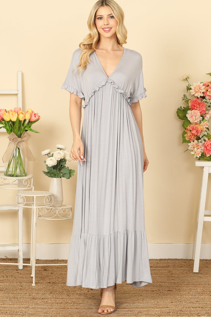 V-NECK HALF SLEEVE RUFFLE DETAIL PLEATED MAXI DRESS