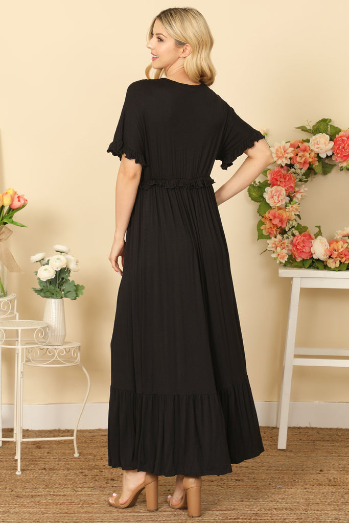 V-NECK HALF SLEEVE RUFFLE DETAIL PLEATED MAXI DRESS