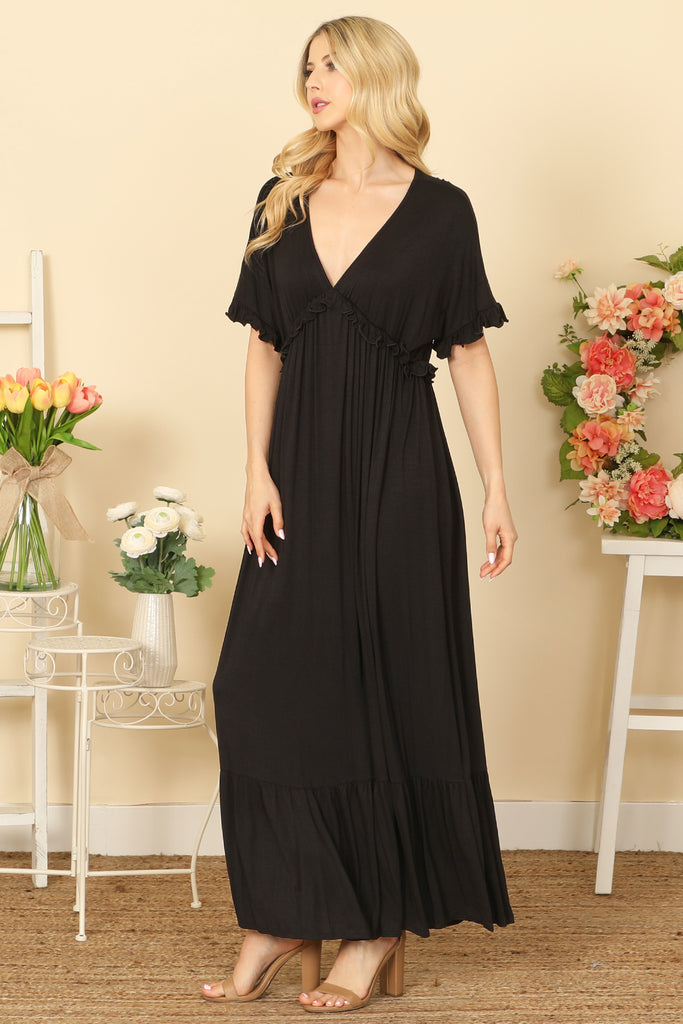 V-NECK HALF SLEEVE RUFFLE DETAIL PLEATED MAXI DRESS