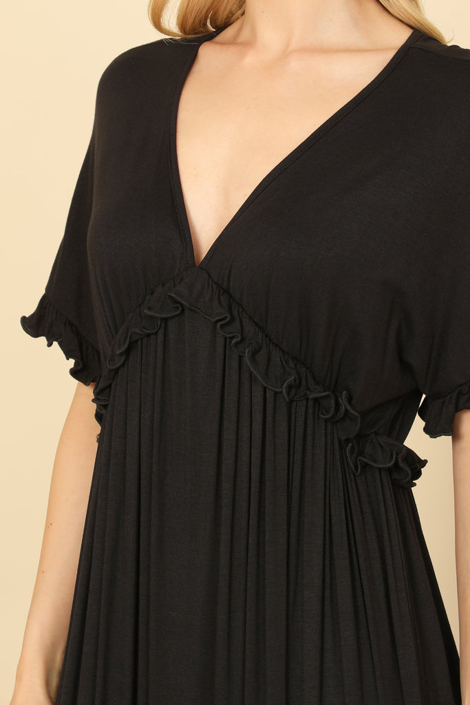 V-NECK HALF SLEEVE RUFFLE DETAIL PLEATED MAXI DRESS