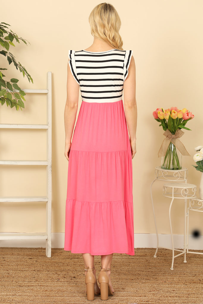 Ruffle Sleeve Stripe Contrast Solid Dress