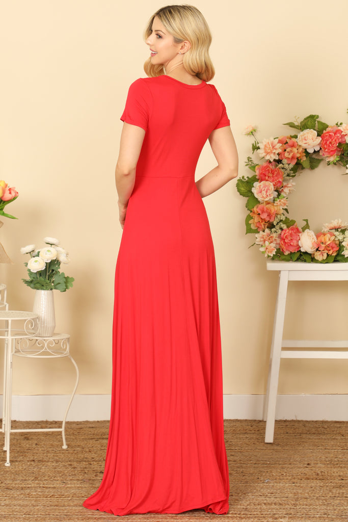 SHORT SLEEVE ROUND NECK CROSS FRONT SOLID MAXI DRESS