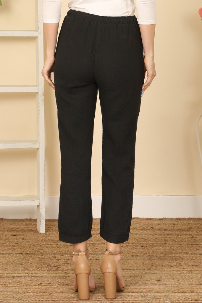 Elastic Tie Waist Side Pocket Solid Pants