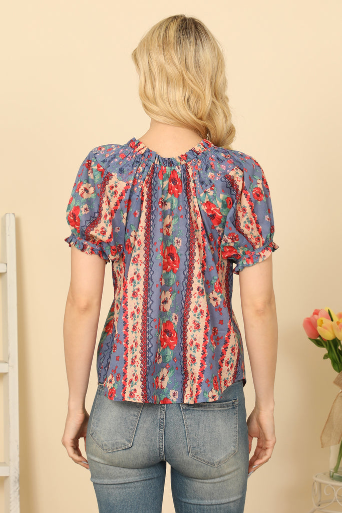 Ruffle V-Neck Tie Detail Puff Sleeve Floral Top