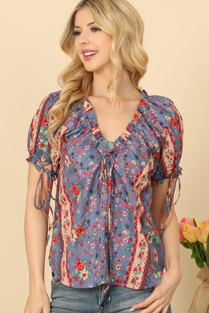 Ruffle V-Neck Tie Detail Puff Sleeve Floral Top