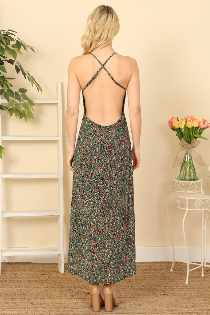 Spaghetti Strap Button-Down Criss Cross Back Floral Maxi Dress