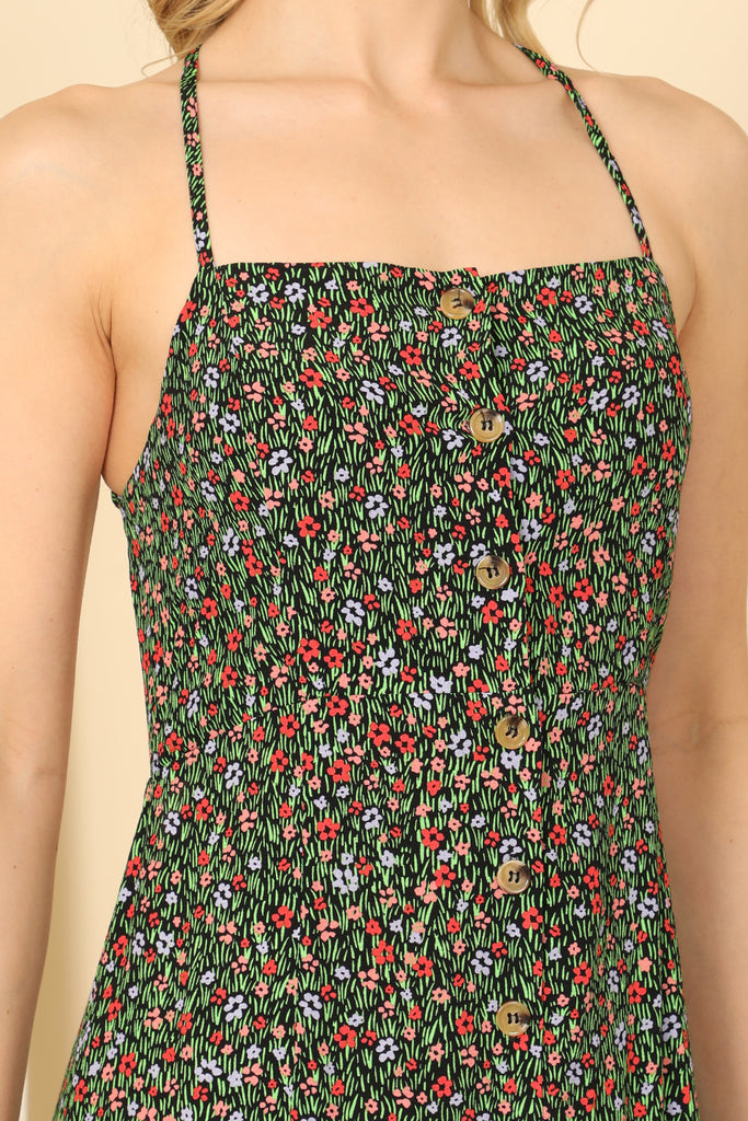 Spaghetti Strap Button-Down Criss Cross Back Floral Maxi Dress